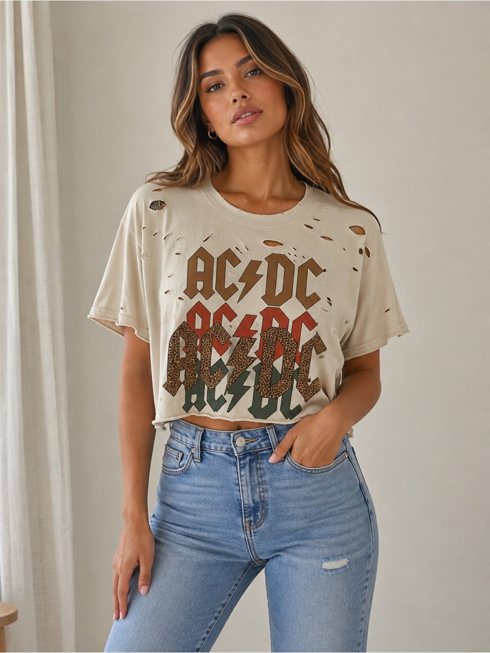 AC/DC Beige Distressed Crop Tee with Multi-Tone Logo